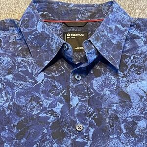 Marmot Button Up Shirt Short Sleeve Floral‎ Print Casual Blue Medium